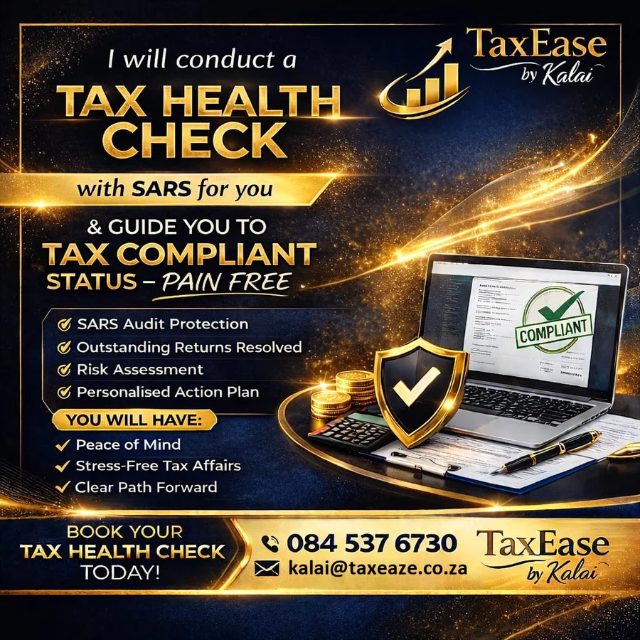 Tax Health Check with SARS: audit protection, outstanding returns resolved, risk assessment and a personalised action plan.